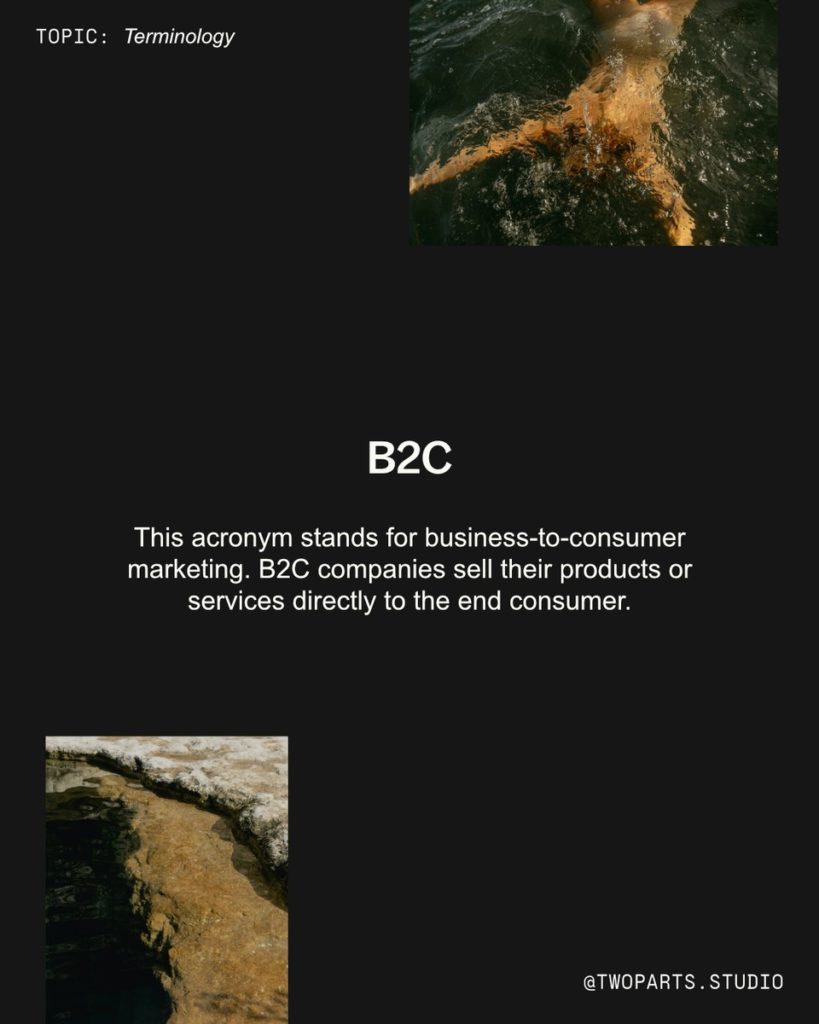 B2C
This acronym stands for business-to-consumer marketing. B2C companies sell their products or services directly to the end consumer.