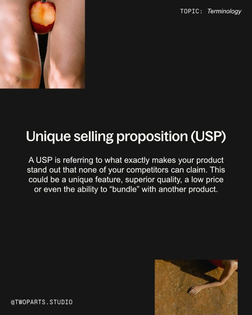 Unique Selling proposition (USP)

A USP is referring to what exactly makes your product stand out that none of your competitors can claim. This could be a unique feature, superior quality, a low price or even the ability to "bundle" with another product.